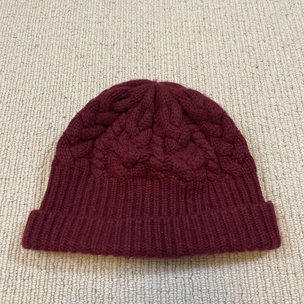J. Crew 100% Cashmere Cable Knit Ribbed Beanie One Size Burgundy
